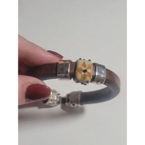 Sterling Silver Lampwork Glass Brown Eyed Susan 925 Leather Hippie Bracelet Gift